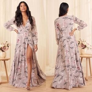 Lulus Floral Wrap Maxi Dress XS Chiffon V-Neck Long Sleeve Dusty Purple Formal